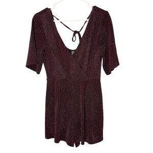 Alya Dark Purple Maroon Burgundy Sparkle V neck Romper Women’s Medium